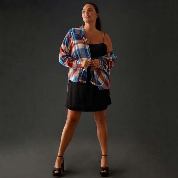 Anthropologie Pilcro Hadley Relaxed Buttondown Shirt Red White Blue Plaid 1X - Picture 2 of 16